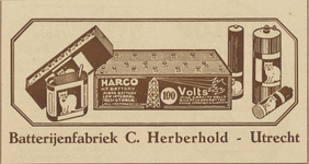 717194 Advertentie van C. Herberhold, Batterijenfabriek, [Balkstraat 1-3, bij het Houtplein] te Utrecht.